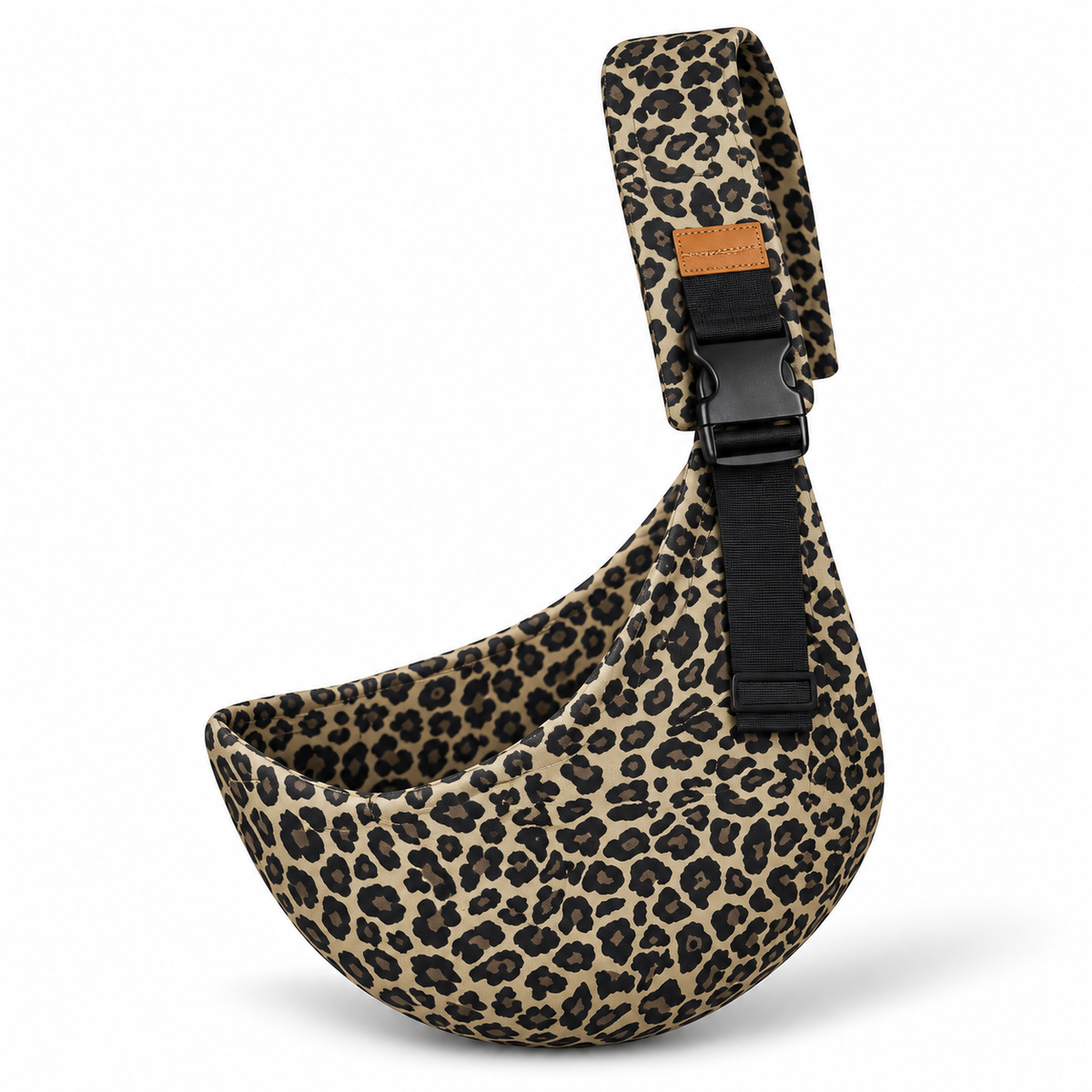 Leopard-pattern adjustable baby sling on white background